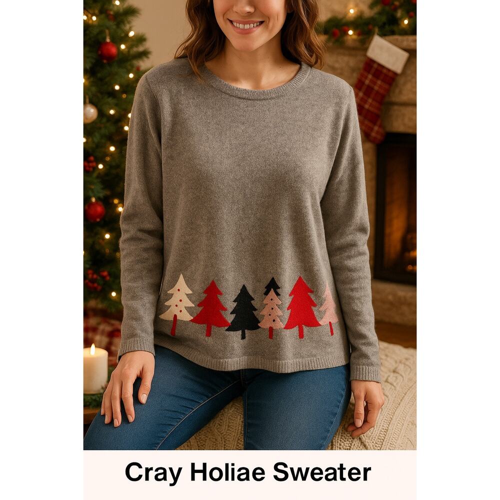 Crazy Horse Gray Wool Blend Holiday Sweater Christmas Tree Appliqué Pullover XL